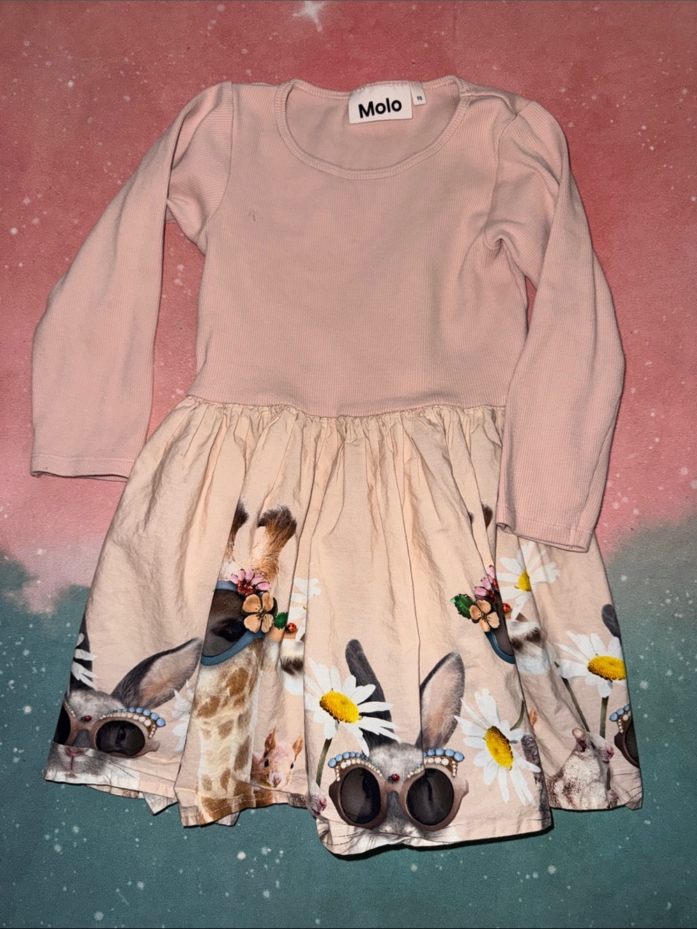 Molo Pink Long-Sleeve Dress with Cream Animal & Daisy Print girls 3 98 organic